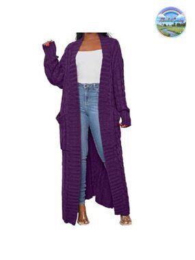Women's Cable Knit Open Front Maxi Cardigan Extra Long Ankle Length Sweater